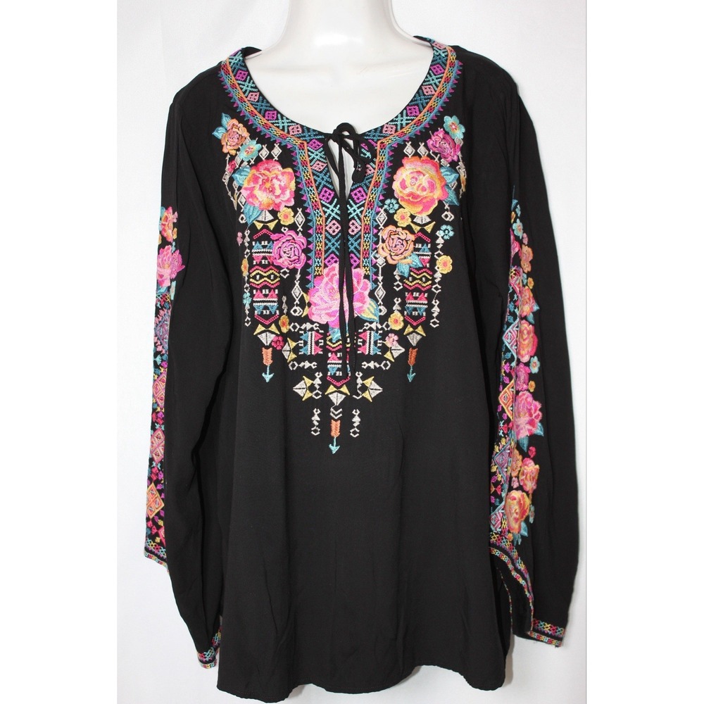 Savanna Jane Black Embroidered Boho Coquette Tunic Top 1X Floral Rayon Luxury - Picture 3 of 8